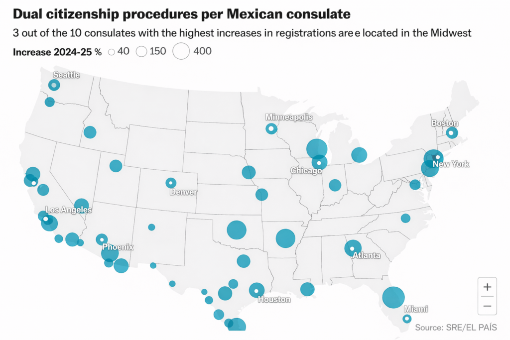 A heat map of the Dual citizenship procedures per Mexican consulate in the U.S. 
